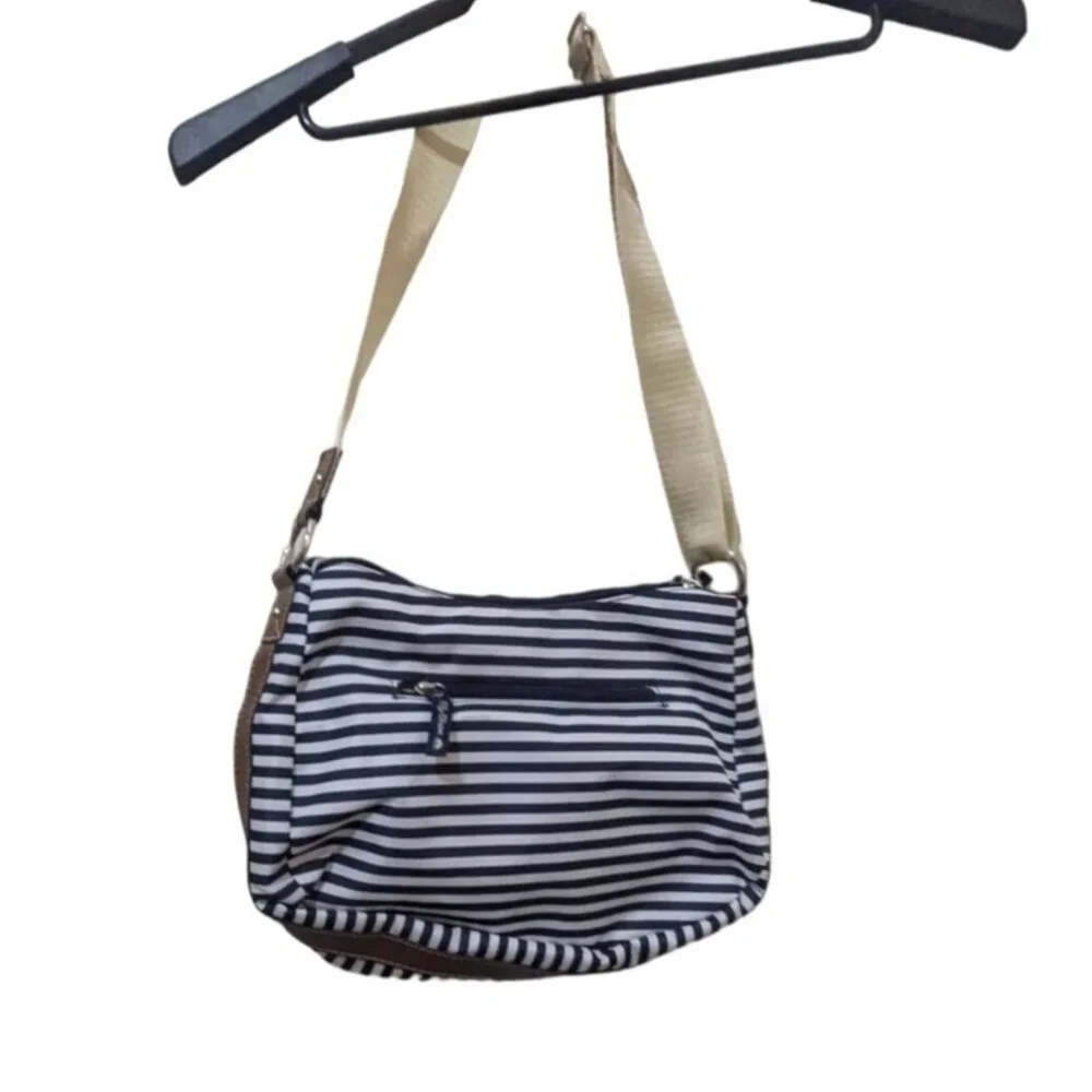 Lily Bloom Navy & White Striped Crossbody Bag With Adjustable Beige Strap Functi